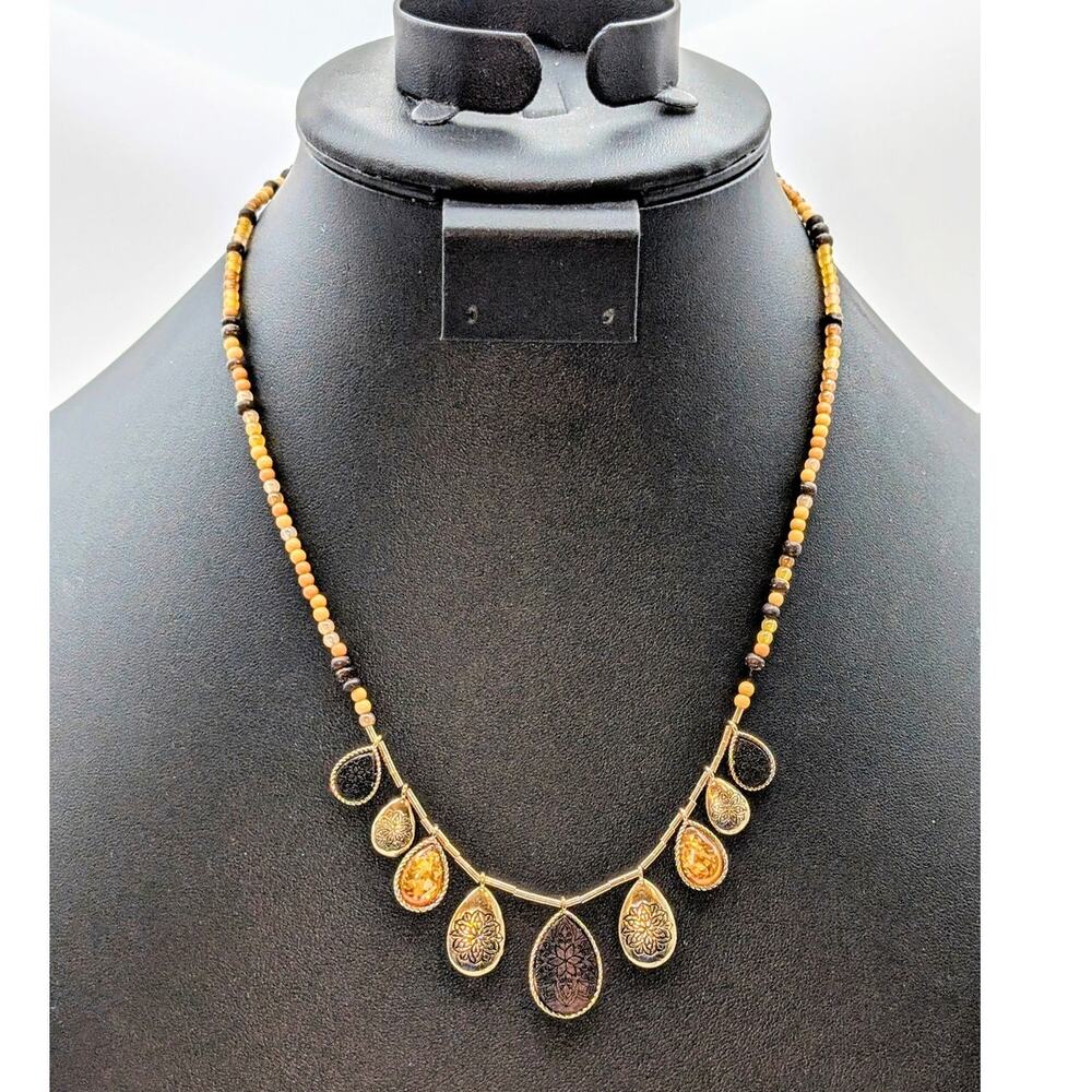 Monet Brown Beaded Dangle Gold Tone  16.5"-18.5" Necklace